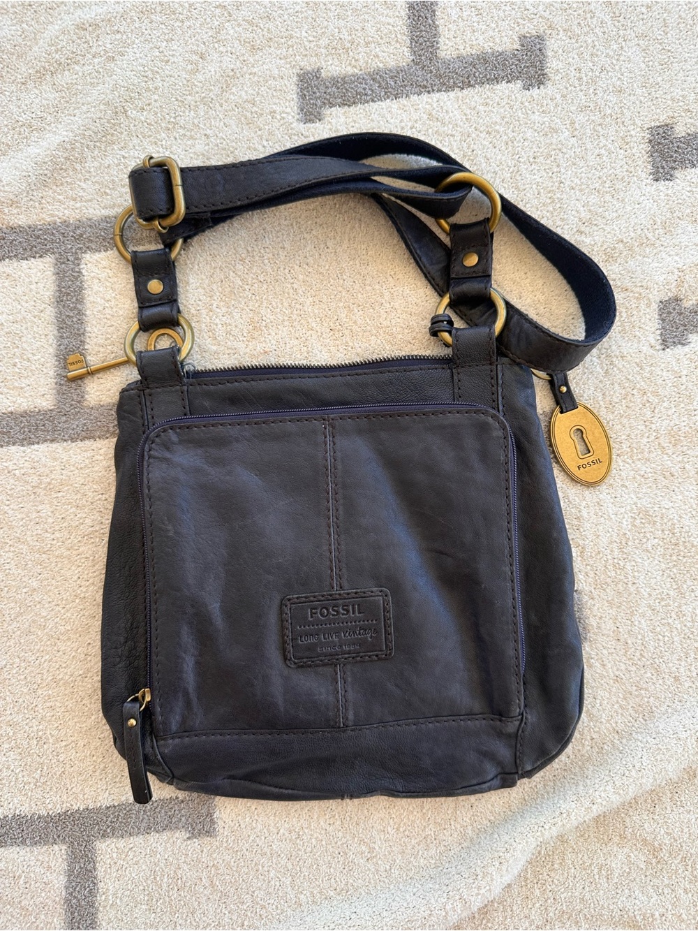 Fossil Black Leather Shoulder Crossbody with Brass Accents
